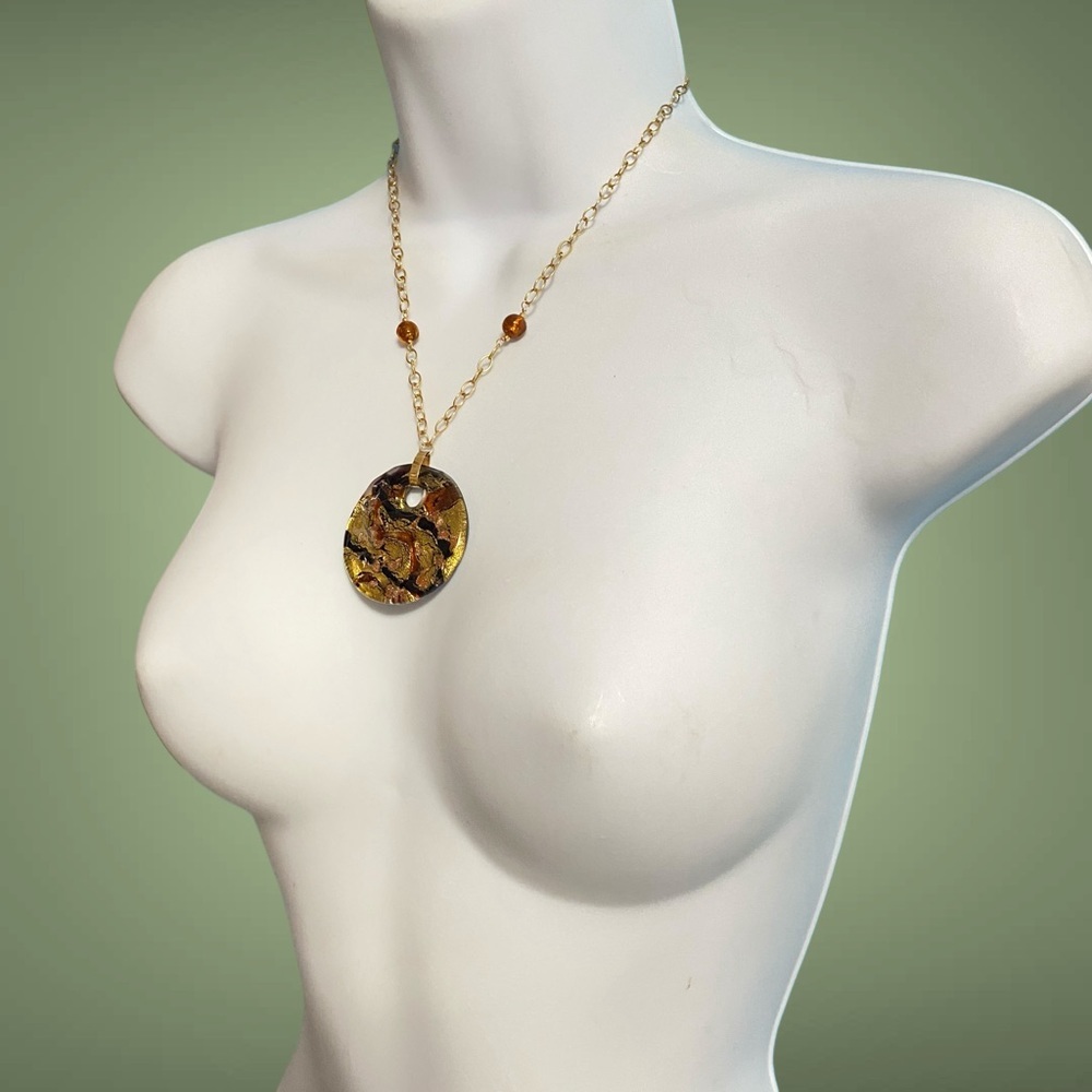 Vintage 14k Bolivian Gold Chain and Artistic Brown Glass Pendant Necklace.